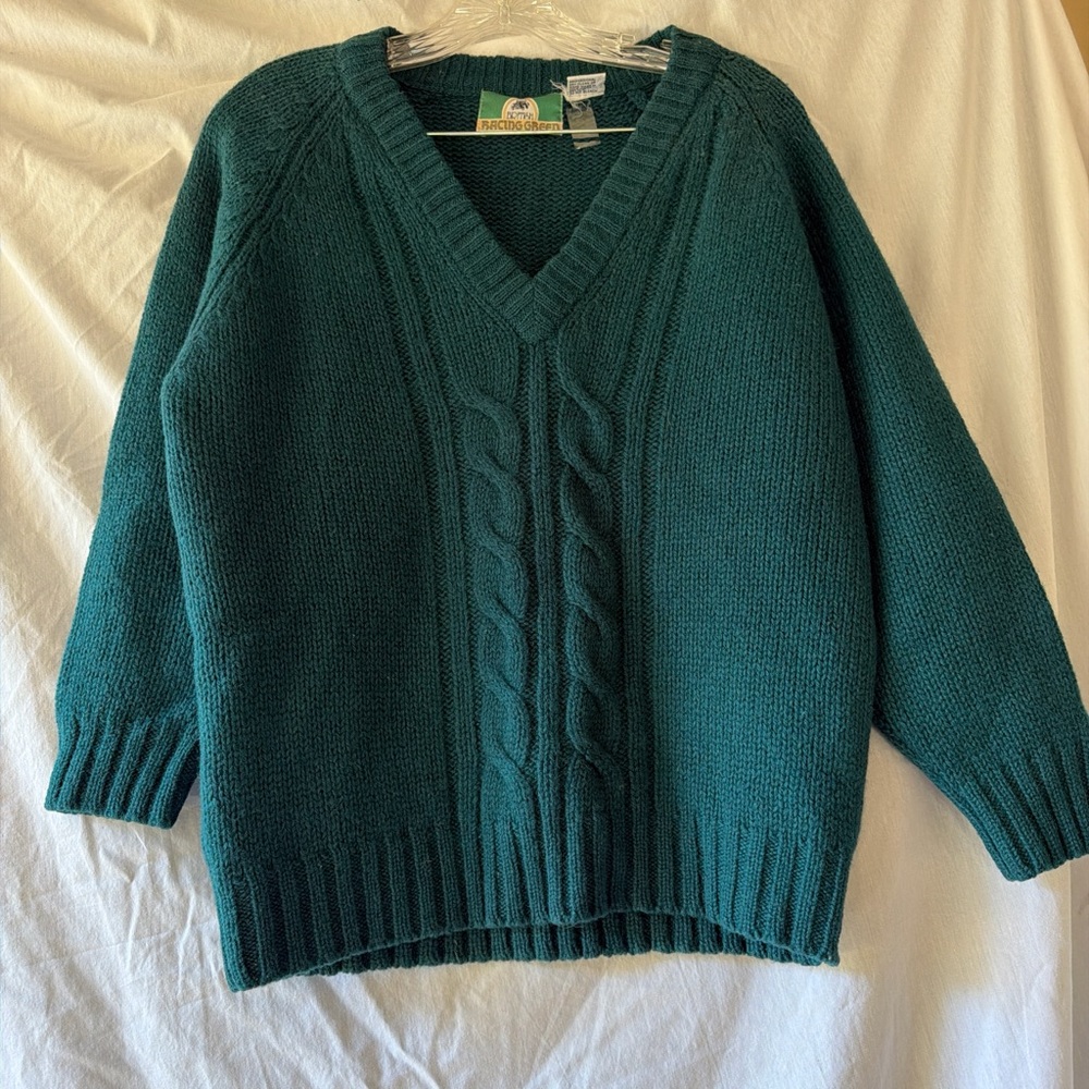 Vintage 90’s Men’s 100% Shetland wool Green Cable Knit Sweater - Picture 2 of 5